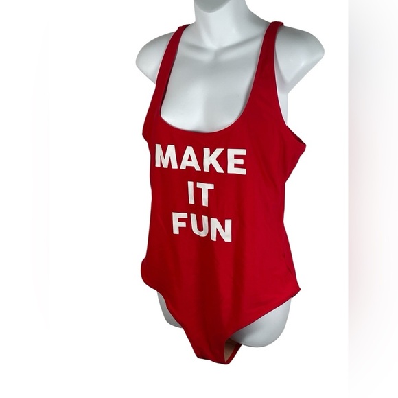 Graphic  “Make It Fun” Red & White Scoop-Back One Piece Swimsuit XL - Picture 3 of 9